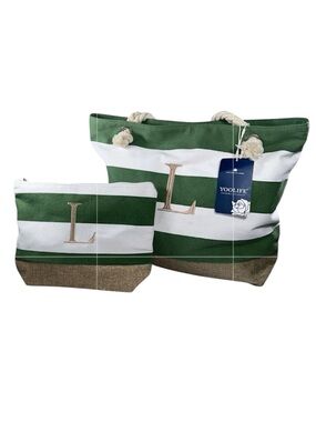 NWT Yoolife Large Canvas  Personalized Beach Tote and Small Pouch Burlap Bottom